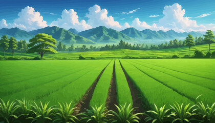 a painting of a green field with mountains in the background