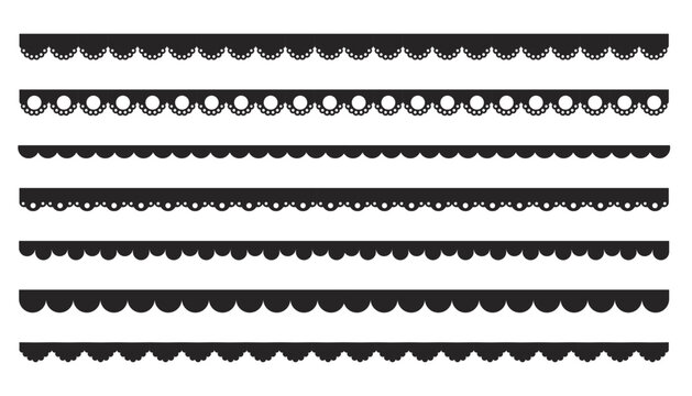 Scalloped edge border frilly stroke divider black silhouette stripe, tape collection isolated on white background. Traditional simple ornament with circles, embroidery ribbon.