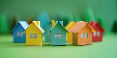 Colorful Paper Houses on Green Background