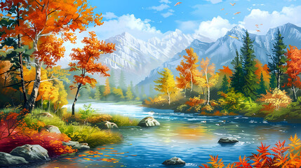 Obraz premium Colorful autumn landscape with mountain lake and forest,Blue river landscape with colorful trees and beautiful mountains,Autumn landscape in watercolor, gold leaves in abundance