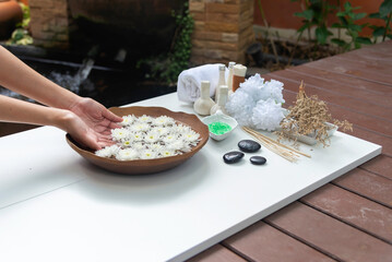 Spa massage compress balls, herbal ball on the wooden with treaments spa , Thailand