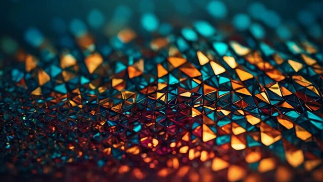 close-up view of textured surface composed of numerous small, triangular and polygon facets in shades of turquoise with gold. abstract background