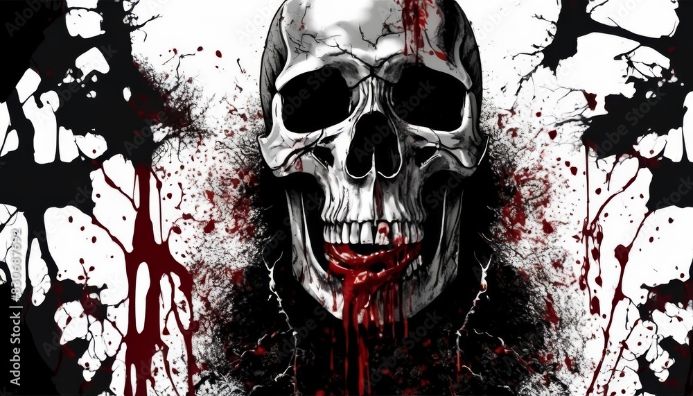 Poster a graphic depiction of a skull covered in blood splashes against a black background, creating a stri