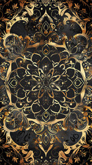 A detailed golden floral mandala with intricate patterns on a navy backdrop. Generate AI