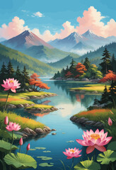 a painting of a lake surrounded by flowers