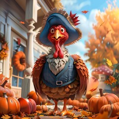 A Turkey in a Pirate Costume Amidst Autumn's Bounty