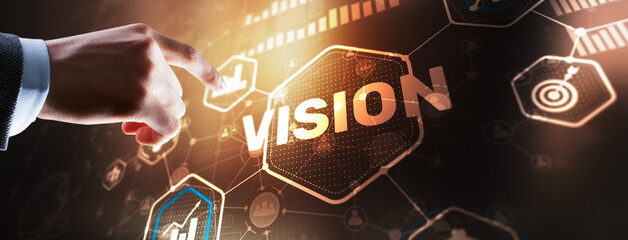 Vision. Business people and modern city on background. Virtual screen