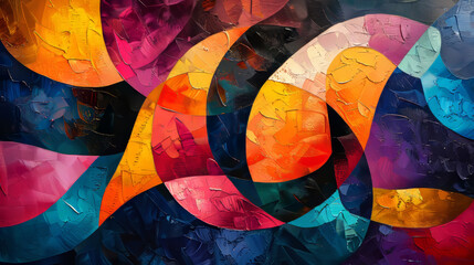 Abstract painting with swirling patterns and vibrant colors, predominantly featuring oranges, pinks, and blues, creating a dynamic and warm atmosphere