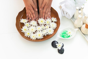 Spa massage compress balls, herbal ball on the wooden with treaments spa , Thailand