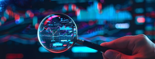 A magnifying glass held in a hand is used to examine a complex financial graph in this image.