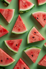 Fresh watermelons fruit arranged in a beautiful pattern on a green background.