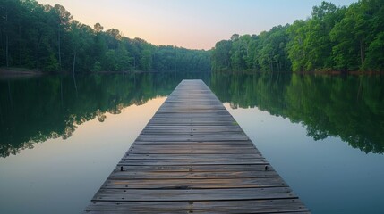 A wooden dock extending into a calm lake with no boats.