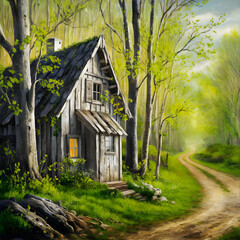 Wooden cottage in the forest nect to a path during spring, foliage budding, green, leaves