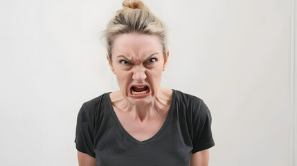 middle aged woman showing frustration and anger against white background. generative ai
