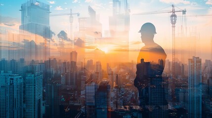 An engineer overseeing a construction project, focus on, leadership theme, dynamic, double exposure, skyline backdrop