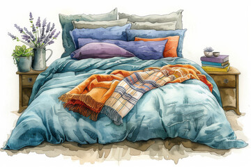 Cozy Bedroom with Colorful Bedding and Pillows, Plants, and Rustic Nightstands