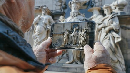 A tourist is taking a picture of a sculpture