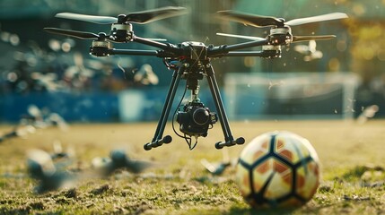 professional drone with camera hovers above soccer field, capturing action. scene is dynamic, showcasing excitement of game and technology involved