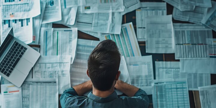 A person viewed from behind, surrounded by numerous documents and spreadsheets, focused on working on a laptop amidst the clutter, representing hard work and analysis.