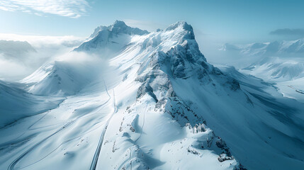 A photo featuring a dramatic mountain pass covered in snow, captured from a drone's perspective. Highlighting the winding roads and sheer cliffs, while surrounded by a majestic, frozen landscape