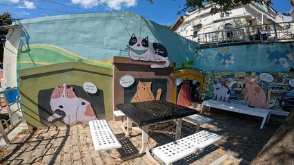 Art painting drawing cat and view landscape cityscape of Gamcheon Culture Village ,Busan ,South Korea