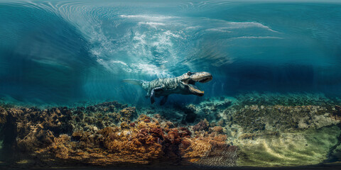 Sea monster, Marine reptile, Mosasaur in the water 8K VR 360 spherical panorama