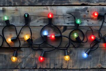 Christmas Lights on Wooden Background, Top View