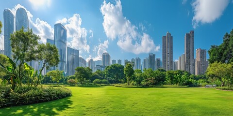 Obraz premium A beautiful view of an urban skyline featuring tall buildings and a green park with diverse plant life, all under bright blue skies on a sunny day.