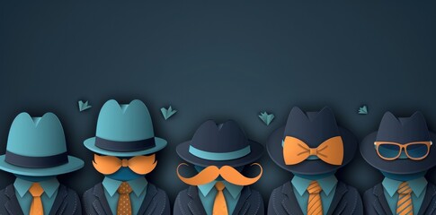 Father's Day themed background with playful mustache, ties, and hat symbols and ample copy space