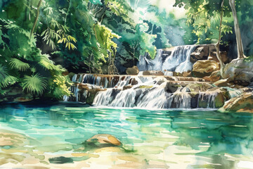 Naklejka premium Serene Waterfall in Lush Forest Captured in Stunning Watercolor Art