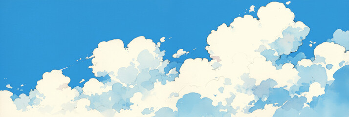 Bright Blue Sky with Fluffy White Clouds in Artistic Style Illustration