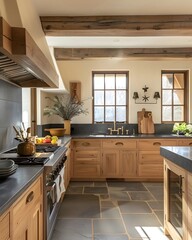 Elegant and Functional Contemporary French Oak Kitchen with Soapstone Surfaces and Natural Accents