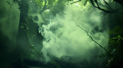Ethereal Green Smoke Floating over a Forest Scene