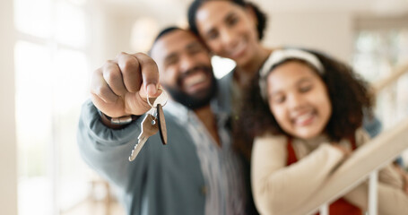 Parents, girl and hands with keys in new home or apartment, relocation and property purchase for...