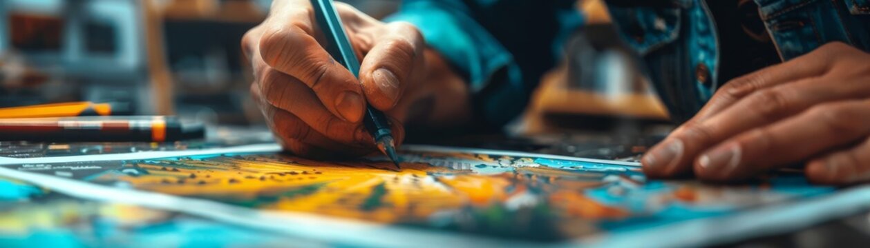 An illustrator coloring a comic page, selective focus, storytelling theme, dynamic, overlay, comic book studio backdrop