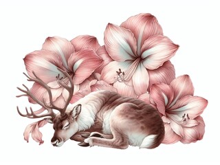 An illustration of sleeping reindeer and Amaryllis flowers