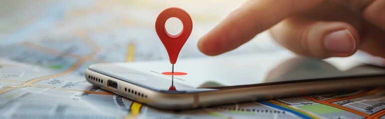 Hand holding mobile phone with a red map pin point mark on the screen.