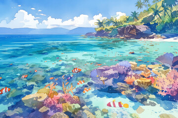 Vibrant Coral Reef Paradise with Tropical Fish and Lush Palm Trees in Crystal Clear Ocean