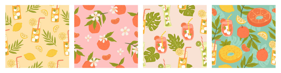 Collection of tropical summer beach seamless pattern. Lemonade, orange juice and pool floaters for gift wrapping, background and decoration