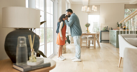 Father, child and kiss in home for school goodbye or morning routine, leaving or parenting. Man, daughter and affection as young student with backpack as hello greeting or bonding, connection or care