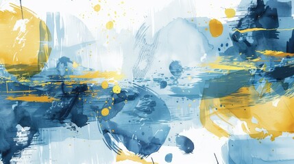 Collection of hand painted abstract elements in blue yellow and gold on a white canvas