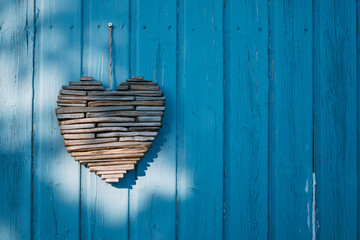 Herz vor einer blauen Holzwand, Holzherz, Deko an einer Tür