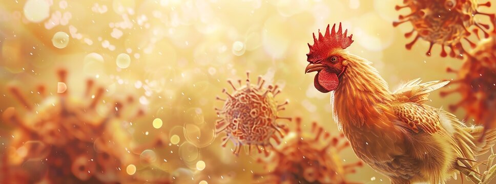 Artistic depiction of a rooster against a background of virus particles, representing the intersection of agriculture and disease awareness.