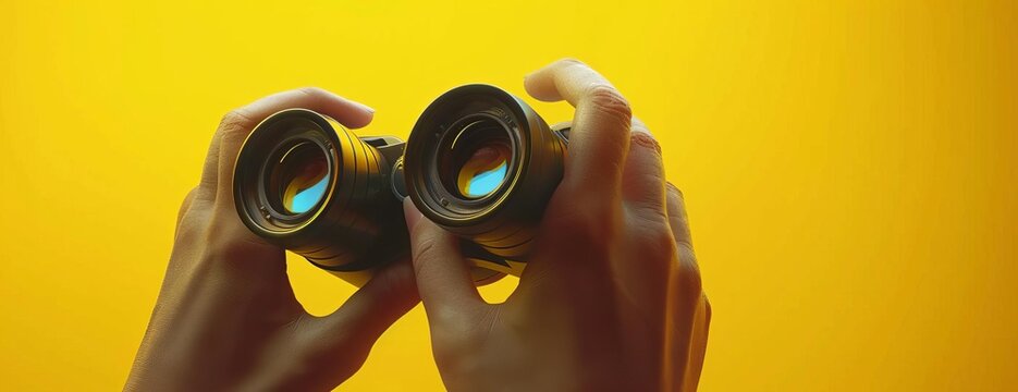 A person holding a pair of binoculars up to their eyes, looking out at a yellow background.