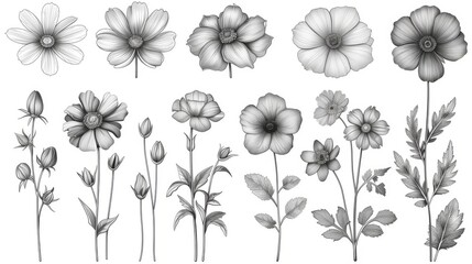 Flowers monoline drawing, leaves print set, nature botanical posters. Art, aesthetic contour. Use for home decor, t-shirt prints, mobile cases.