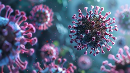 Close-up of a virus, vividly detailed with pink spikes and a blue background, highlighting the intricate structure of microscopic organisms.