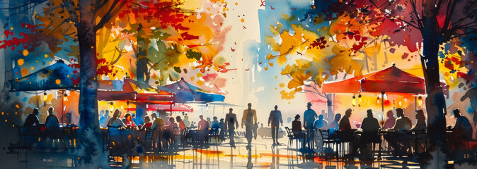 Watercolor Illustration of Outdoor Cafe in Autumn with People Dining Under Colorful Fall Trees