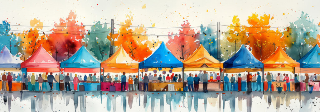 Colorful Outdoor Market with Autumn Trees and Lively Crowd