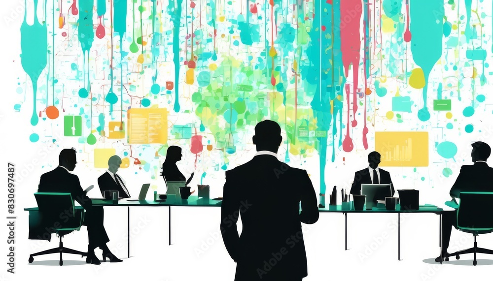 Poster a silhouette of a businessman facing a colorful, modern office setting with a team actively engaged 