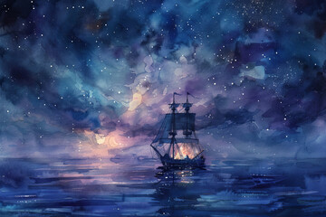 Sailing Ship in Starry Night Ocean   Artistic Watercolor Painting of Maritime Adventure